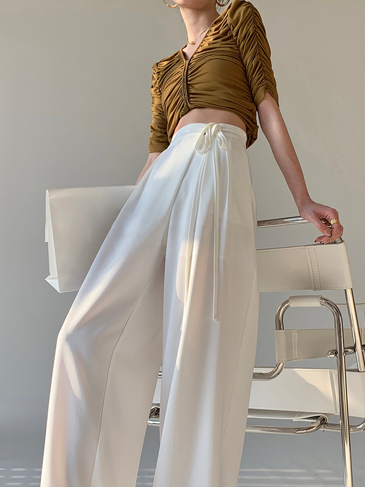 ELA™ | Tie Waist Flowy Wide Leg Dress Pants