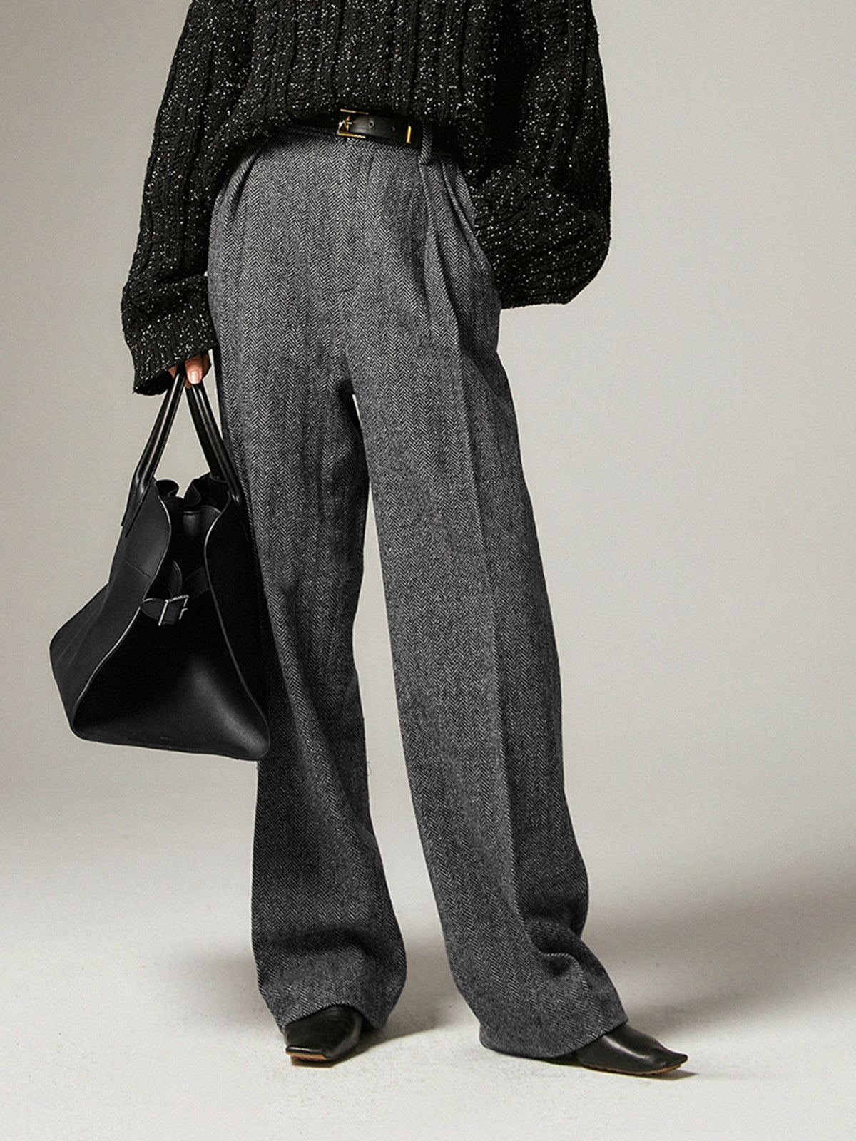 ELA™ - Herringbone Pockets Wide Leg Dress Pants